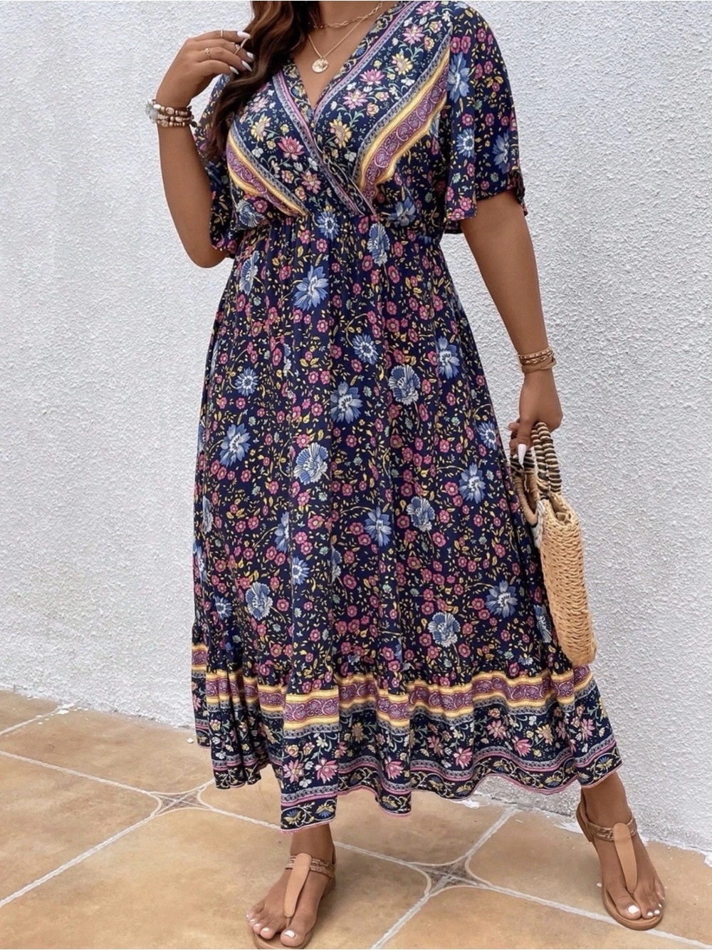 SHEIN CURVE 4XL Boho Floral Print Ruffle Hem V-neck Maxi Dress